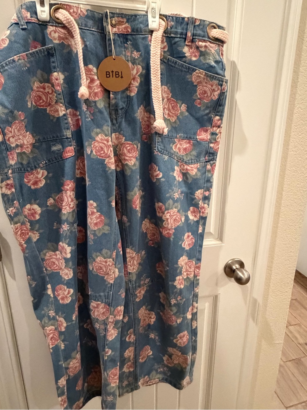 BiBi Denim Jeans with Pink Rose Print and Rope Tie